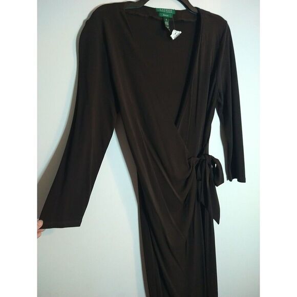 Lauren Ralph Lauren Wrap Vneck Midi Length Long Sleeve Dress 6 Brown Classic - Picture 3 of 8